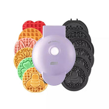 Mini waffle maker with lilac lid and removable patterned plates