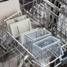 Prep deck containers in dishwasher rack with clear lids and bin corners