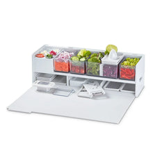 Dash prep deck with clear food bins and white cutting board base
