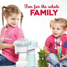 Dash shaved ice maker on stand with clear top lid near children