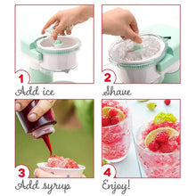 Shaved ice maker with open lid showing ice being shaved into a bowl