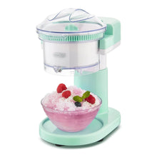 Mint and white Dash shaved ice maker with clear ice chamber and top lid