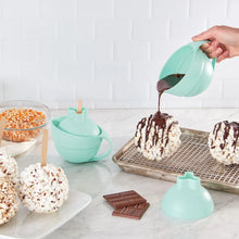 Mint Dash SmartStore stirring popcorn maker with lid, popcorn tray, and drizzle pouring cup