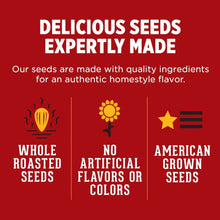 Sunflower seeds quality icons: whole roasted seeds, no artificial flavors, American grown