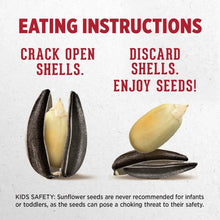 Sunflower seed shells and kernels with crack open, discard shells, enjoy seeds text