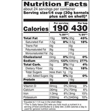 Nutrition Facts label for sunflower seed kernels with calories, fat, sodium, and protein