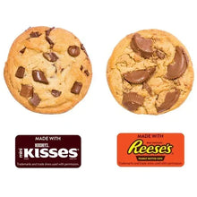 Two chocolate cookies with mini Kisses and Reese's peanut butter pieces