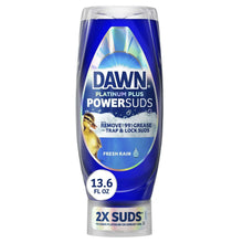 Dish soap bottle in blue EZ-squeeze design with Dawn PowerSuds label, 13.6 fl oz