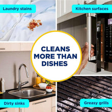 Dish cleaning marketing graphic reading “Cleans more than dishes” with sink and grill icons
