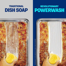 Dish soap comparison graphic showing stained vs cleaned oven or pan surfaces