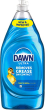 Dawn Ultra dishwashing liquid in blue pump bottle, removes grease on contact, original scent