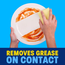 Dishwashing liquid cleaning grease on a plate with orange food residue