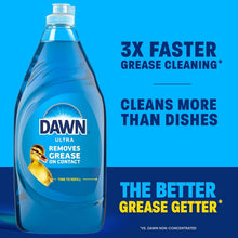 Dawn Ultra removes grease dishwashing liquid bottle, blue, with “3X faster” label