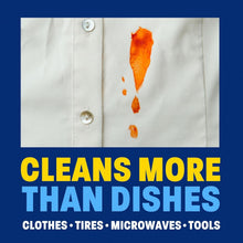 White shirt with visible stain being cleaned by dishwashing liquid, “cleans more” text