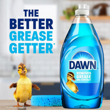 Dawn dishwashing liquid bottle with “The better grease getter” text and blue formula