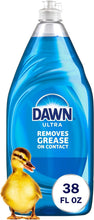 Dawn Ultra dishwashing liquid bottle, blue formula, 38 fl oz size, Original scent