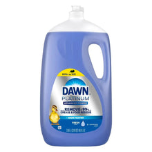 Dawn Platinum dish soap bottle with blue liquid, refill size, pump top
