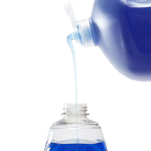 Dish soap blue bottle spout pouring clear liquid.