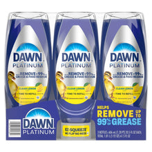 Dish soap 3-pack bottles with blue Dawn Platinum Clean Lemon labels.