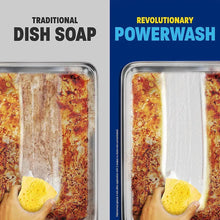 Cleaning comparison: dish spray foaming on a dirty dish with sponge and hand