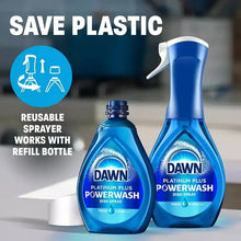 Two blue Dawn Powerwash bottles with trigger nozzles, plus refill bottle