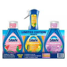 Set of three blue dish spray bottles with trigger nozzles, Dawn Powerwash refill
