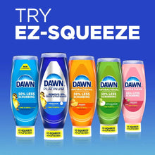 Lineup of Dawn EZ-Squeeze bottles in blue, green, orange, pink, and teal