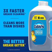 Blue dishwashing liquid bottle with front label and cap on top