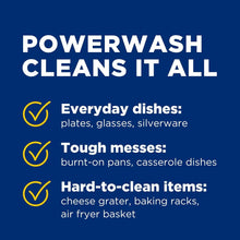 Powerwash benefits graphic listing everyday dishes, tough messes, and hard-to-clean items