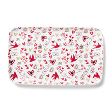 Rectangular platter with white base and red valentine heart and bird pattern