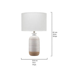 Table lamp with white drum shade and ribbed ceramic base, size shown