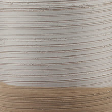 Dayla table lamp base detail with horizontal grooves on light gray ceramic and tan band