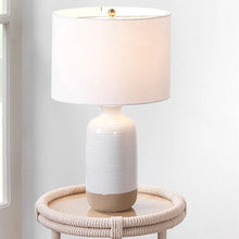Dayla table lamp with white drum shade and ribbed ceramic base, light wood trim