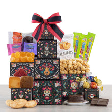 Four-tier candy treat tower with decorated boxes and red-black ribbon, with assorted candies