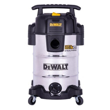 Stainless wet/dry vacuum with black motor housing, front inlet port, and caster wheels