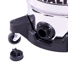 Wet/dry vacuum side view with black caster wheel and cylindrical inlet connection