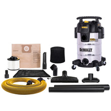 Stainless wet/dry vacuum cleaner with black top, wheels, and included accessories set