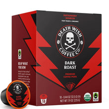Dark roast coffee pods box, black and red with skull logo and 18 count