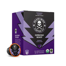 Espresso roast coffee pods box with single pod, purple and black packaging design