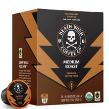 Death Wish Coffee medium roast organic fair trade single-serve pods, 18 count box