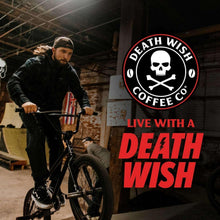 Death Wish Coffee Co. dark roast promotional graphic with skull logo and rider on bicycle