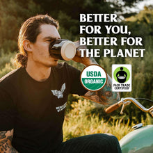 Woman sipping from a cup, with USDA Organic and Fair Trade Certified stickers.