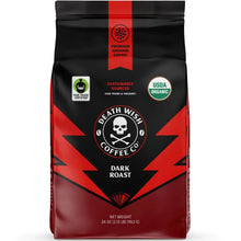 Ground coffee bag, dark roast, red and black design with skull logo and USDA Organic seal