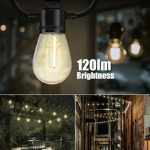 Solar string light globe bulb with warm filament inside, black hanging socket close-up
