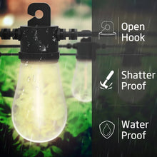 Solar light bulb on a string with black socket and protective waterproof housing, close-up