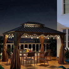 Outdoor gazebo string lights with warm-glow bulbs and a dark solar panel mounted on posts