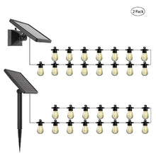 Solar string lights 2-pack with multiple globe bulbs and two solar panels, shown side by side