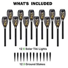 12-pack of solar tiki torch lights with black poles and gold flame-pattern lantern heads
