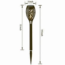 Solar tiki torch light size diagram: 15 in height and 3 in wide lantern head