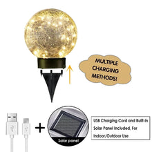 Gold crackle glass LED globe solar light with black stake base, USB charging included